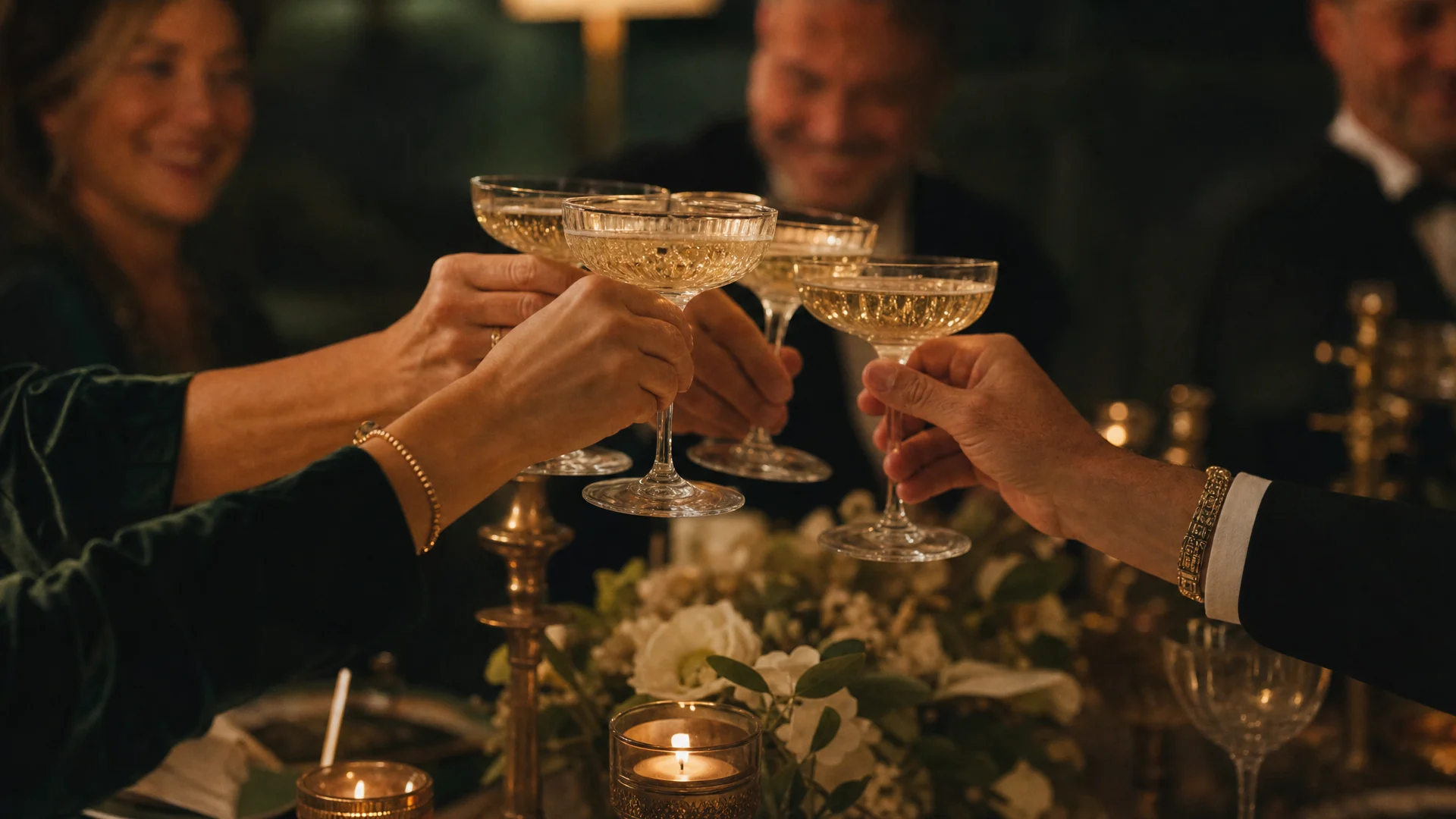 Copas levantadas en un brindis a la luz de las velas
