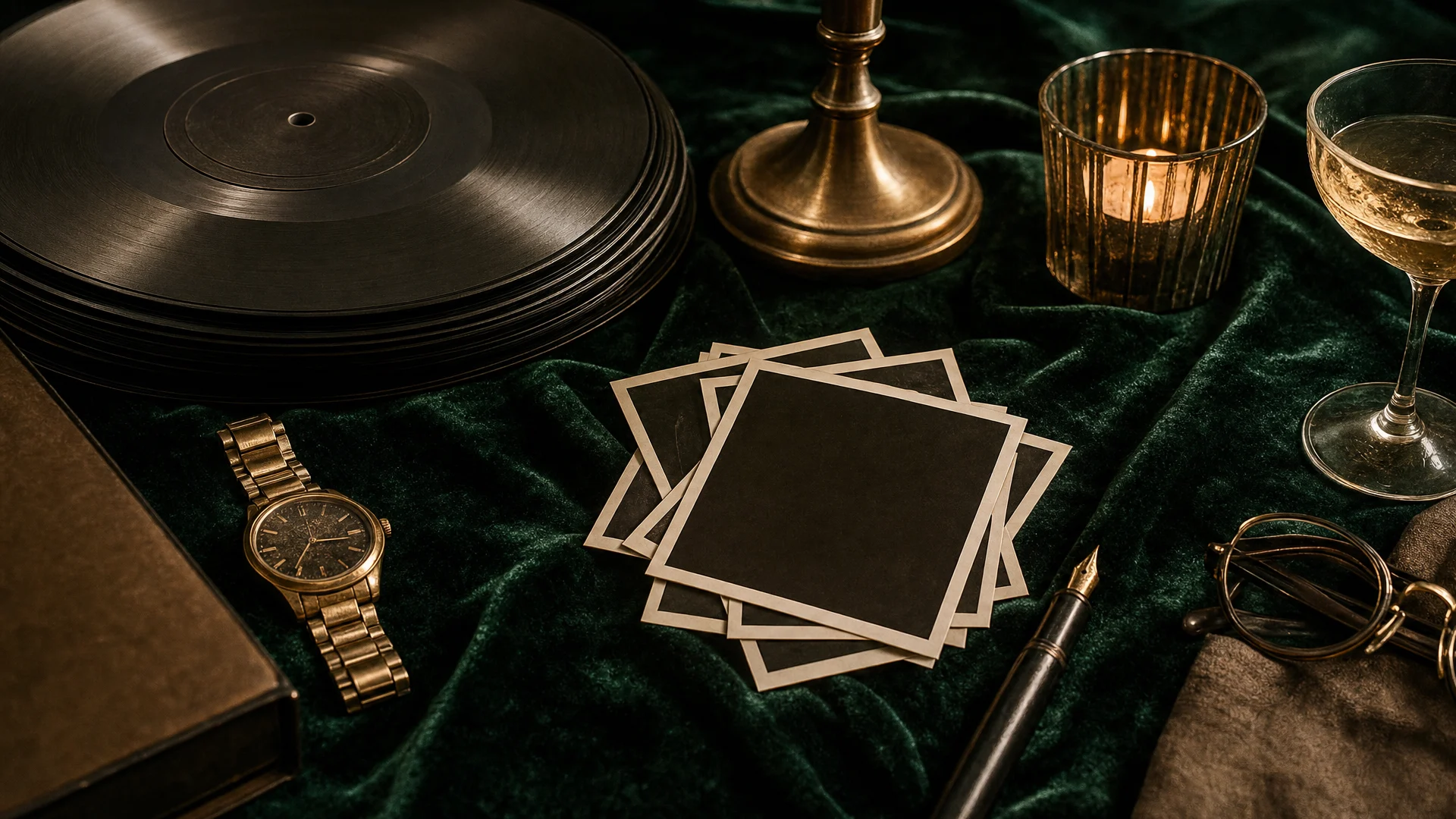 Discos, fotos y relojes sobre el mantel de la noche